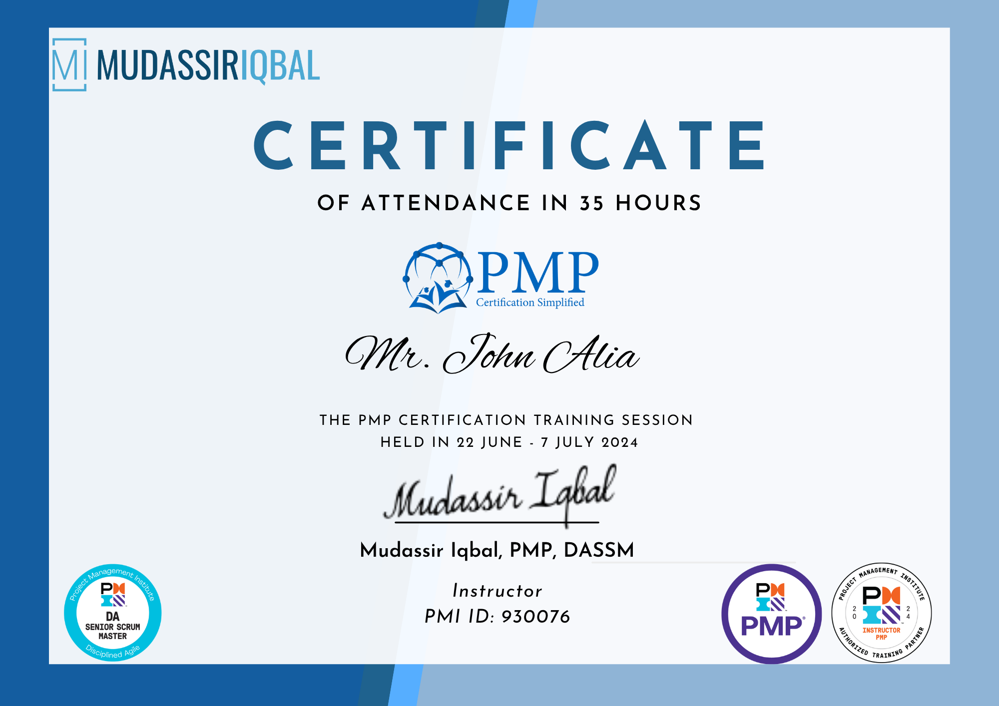 PMP Training Certificate